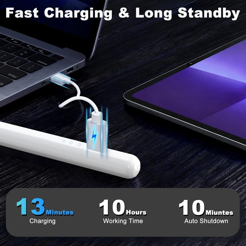 DIGIROOT قلم ستايلس لجهاز آيباد قلم الجيل العاشر، شحن سريع 3X قلم آبل مع رفض راحة اليد وحساسية الميل، متوافق مع آيباد 2018-2025 6/7/8/9/10/11، برو 11"/12.9"/M4، إير 3/4/5/M2/M3، ميني 5/6 - Image 3